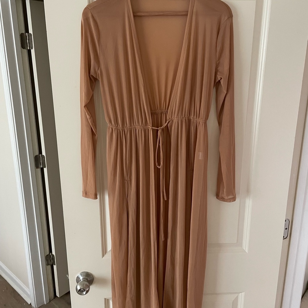iris Sheer Long Tie-Waist Cover-Up in Nude Beige